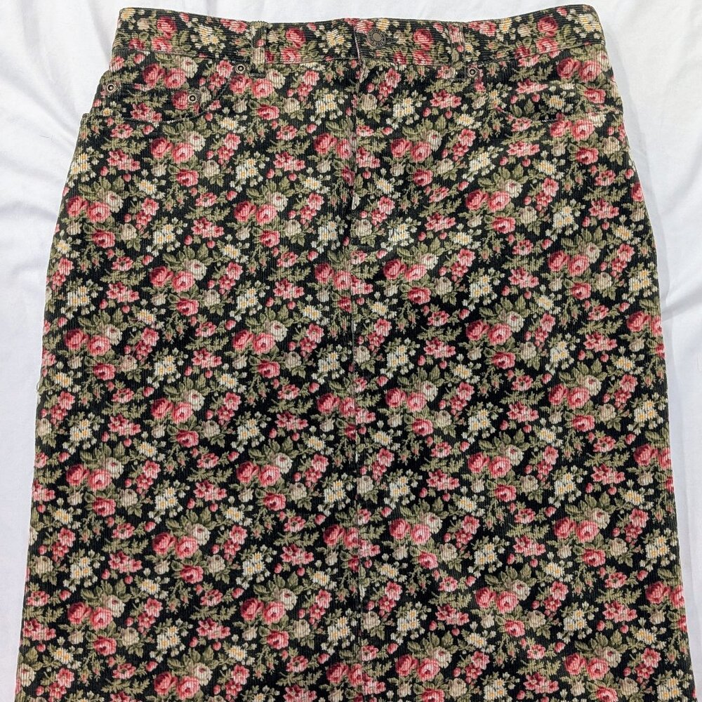 VTG Jones New York Green Floral Corduroy Midi Skirt Size 8 Stretch